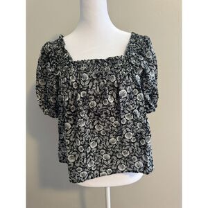 LOFT Black and White Smocked Cotton Blouse Size XXS